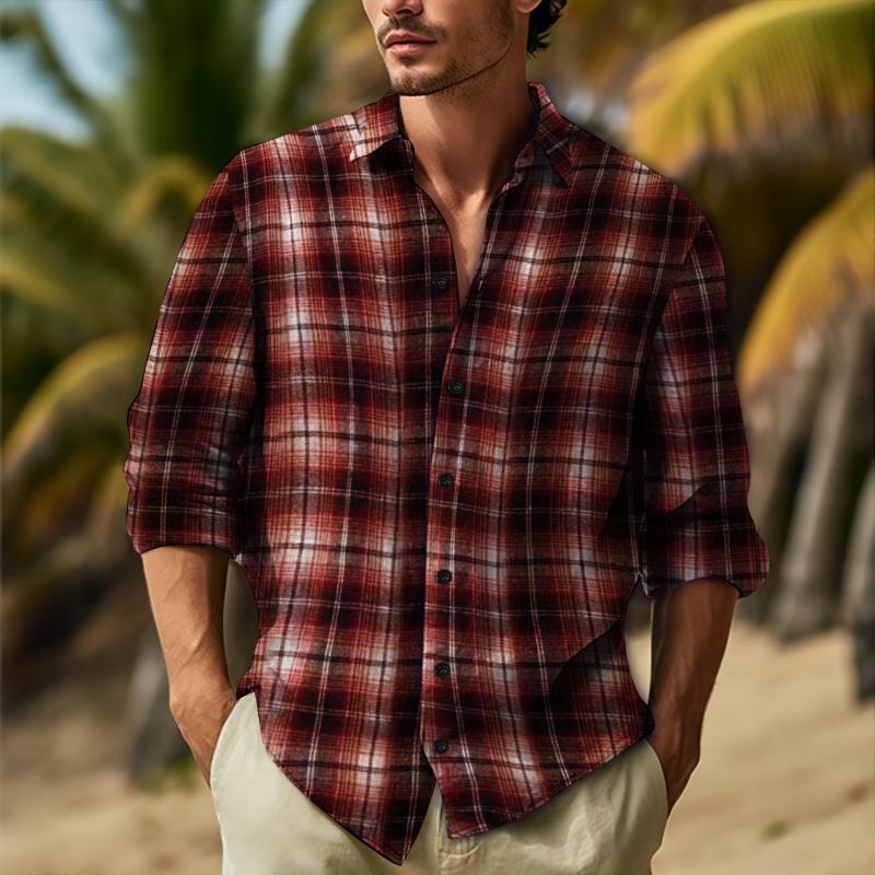 Men's Casual Plaid Lapel Long Sleeve Shirt