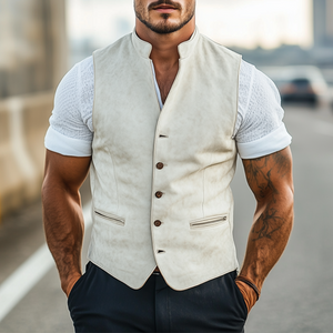 Men's Spring Fashion Retro Western Style Stand Collar Slim Suede Vest