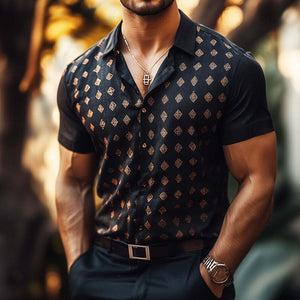 Herren Retro Casual Geometrischer Druck Leinen Revers Kurzarmhemd