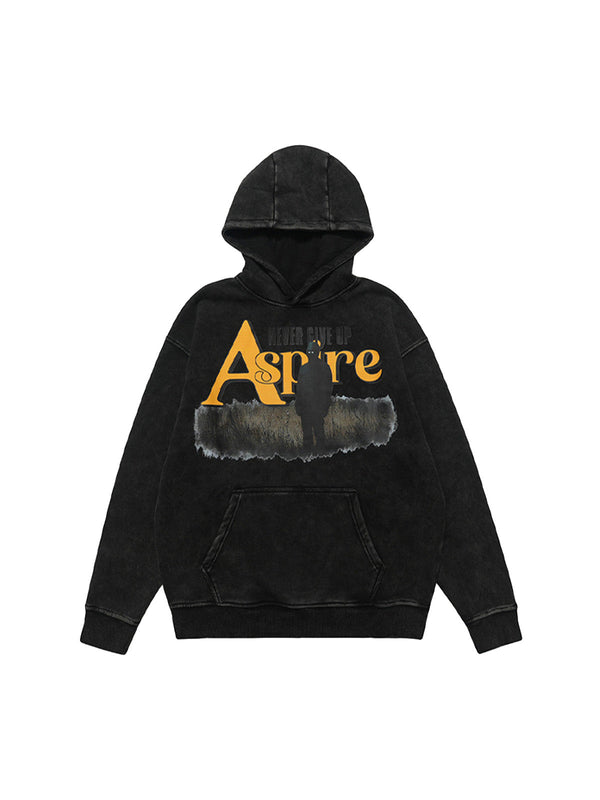 Heavy Washed Letter Portrait Print Fleece Hoodie