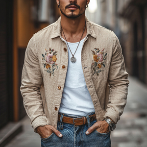 Lässiges Herrenhemd aus Leinen mit Blumenstickerei und Revers, lockeres Langarmhemd