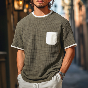 Men's Casual Round Neck Clorblock Patchwork Loose Knitted Short Sleeve Sweater T-Shirt