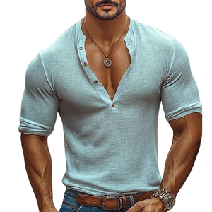 Lässiges Langarm-T-Shirt aus Baumwolle und Leinen mit Henley-Kragen für Herren 