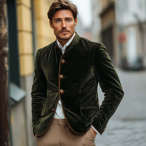 Herren Vintage Grün Samt Stehkragen Slim Jacke