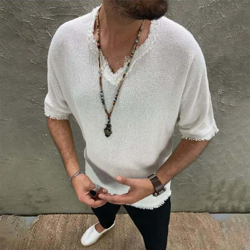 Men's Cotton And Linen Loose V-neck Short-sleeved T-shirt