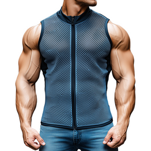 Men's Retro Casual Mesh Fabric Elastic Stand Collar Zipper Sports Tank Top