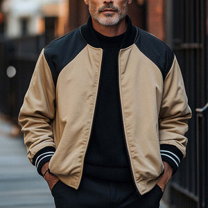 Men's Retro Black Camel Colorblock Zipper Baseball Jacket