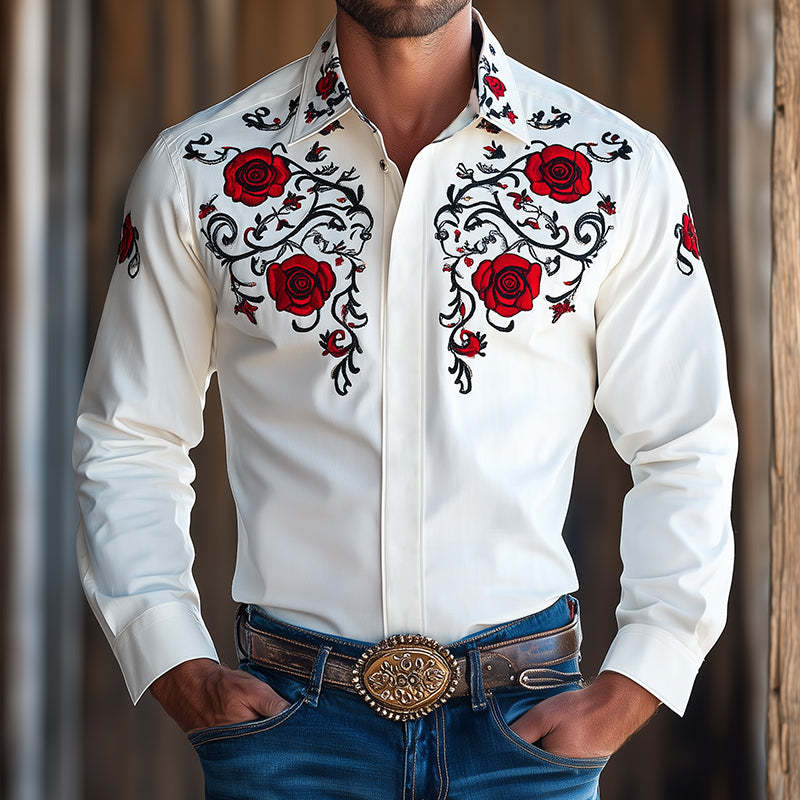 Herren-Langarmhemd mit besticktem Revers im Vintage-Stil