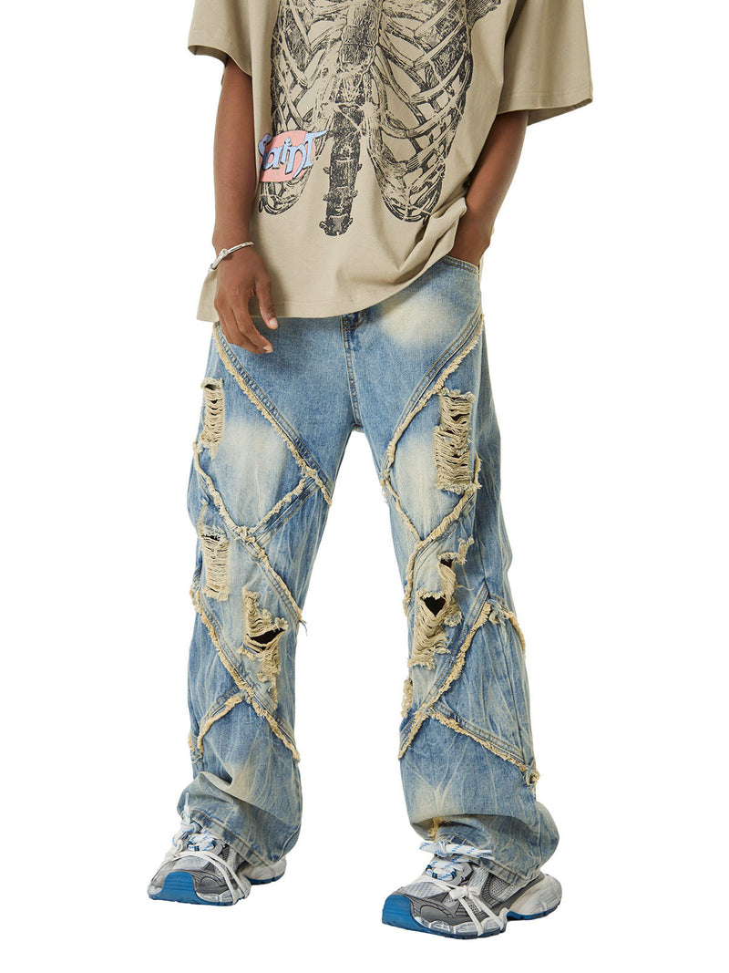 Heavy Washed Ripped Plaid Stitching Hip-Hop Jeans