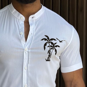 Herren Retro Casual Coconut Tree Print Stehkragen Kurzarmhemd