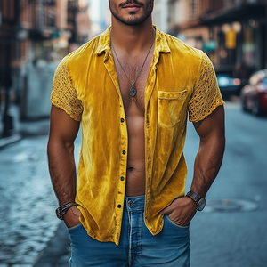 Men's Spring Fashion Personalized Lace Splicing Velvet Slim Fit Short Sleeve Shirt