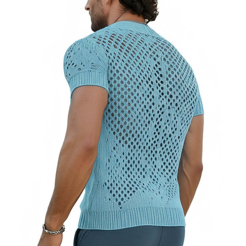 Sommermode für Herren, V-Ausschnitt, gestricktes Mesh, atmungsaktives T-Shirt