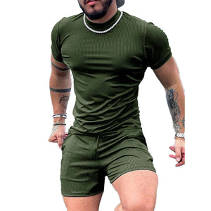 Men's Striped Textured Shorts Short Sleeve Two-Piece Set