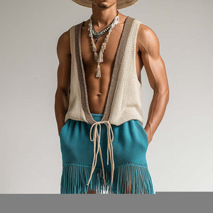 Men's Spring Fashion Towel Cloth Lace Up Sleeveless Shorts Set