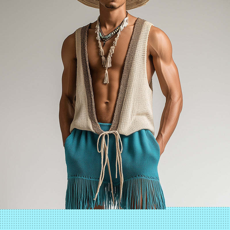 Men's Spring Fashion Towel Cloth Lace Up Sleeveless Shorts Set