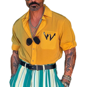 Men's Loose Letter Print Lapel Short Sleeve Shirt