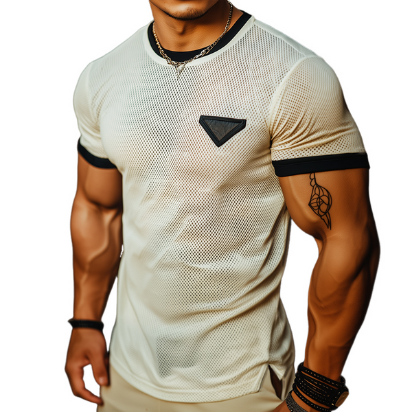 Men's Retro Casual Mesh Fabric Color Block Round Neck Short Sleeve T-Shirt