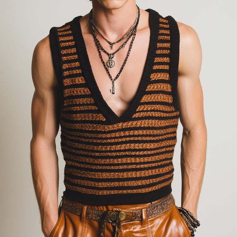 Herren-Tanktop aus gestreiftem Vintage-Strick mit V-Ausschnitt