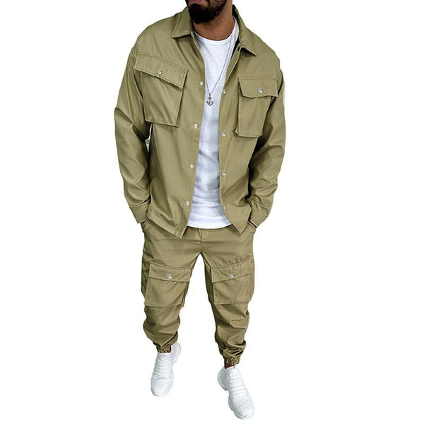 Men's Solid Color Lapel Single Breasted Jacket Trousers Cargo Set