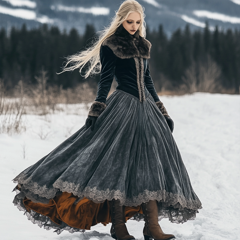 Women's Autumn And Winter Fox Fur Velvet Long Skirt Elegant Long Sleeve Drawstring Dress