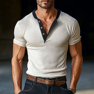 Men's Contrast Color Short Sleeve Henley Neck T-Shirt