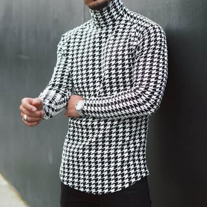 Men's Retro Casual Houndstooth Print Turtleneck Long Sleeve T-Shirt