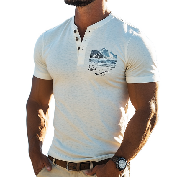 Herren-T-Shirt mit Henley-Kragen und Schutz-Ozean-Elementen im Retro-Stil, kurzärmelig