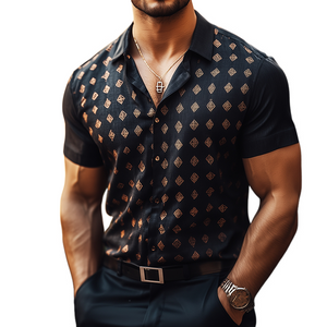 Herren Retro Casual Geometrischer Druck Leinen Revers Kurzarmhemd