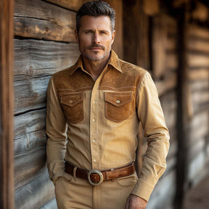 Herren Vintage Langarmhemd aus Baumwolle und Leinen-Wildleder