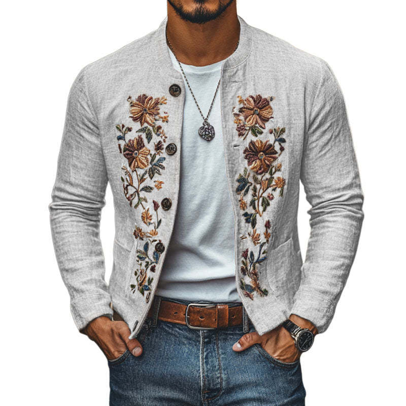 Men's Casual Linen Embroidered Stand Collar Single Breasted Slim Fit Jacket