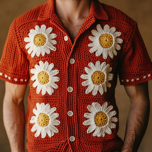 Lässiger Herren-Cardigan mit Revers, einreihig, Gänseblümchen-Stickerei, gestrickt, kurzärmelig