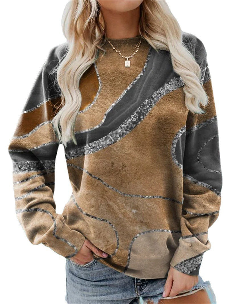 WOMEN'S GEOMETRIC LOOSE PRINTED LONG SLEEVE ROUND NECK HOODIE