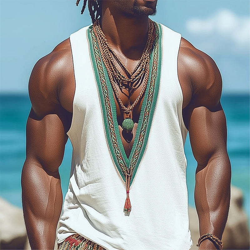 Herren Sommer Tank Top mit tiefem V-Ausschnitt, Retro-Stickerei, lässig
