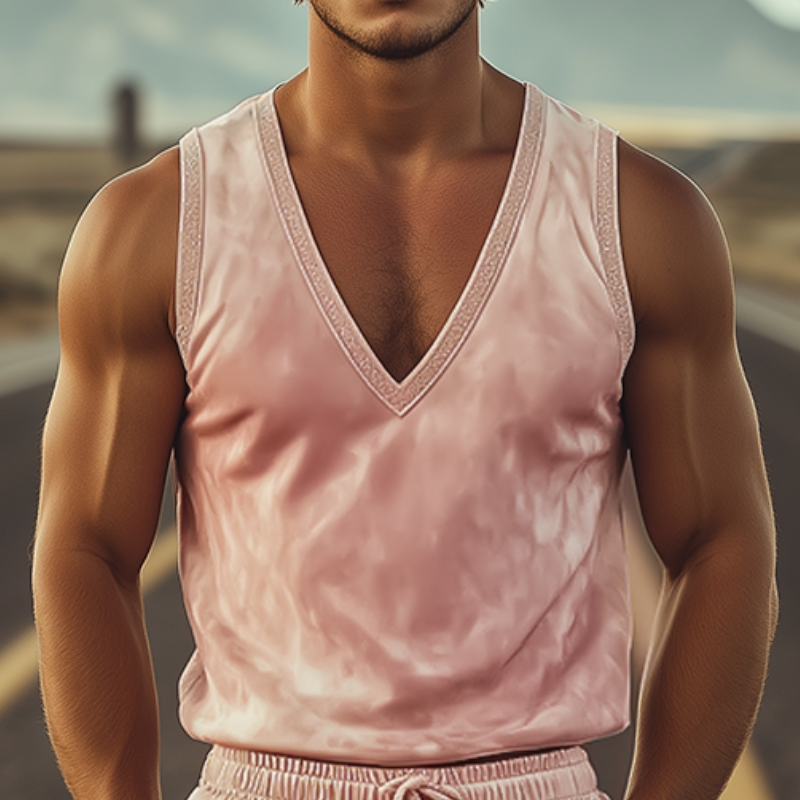 Men's Spring Fashion Casual Deep V-Neck Embroidered Suede Vest Elastic Waist Shorts Set