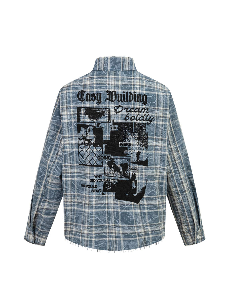 Lettering Print Raw Edge Plaid Shirt