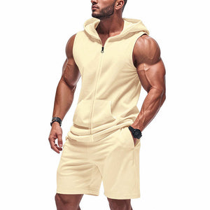 Einfarbiges, ärmelloses Sport-Hoodie-Shorts-Zweiteiler-Set für Herren