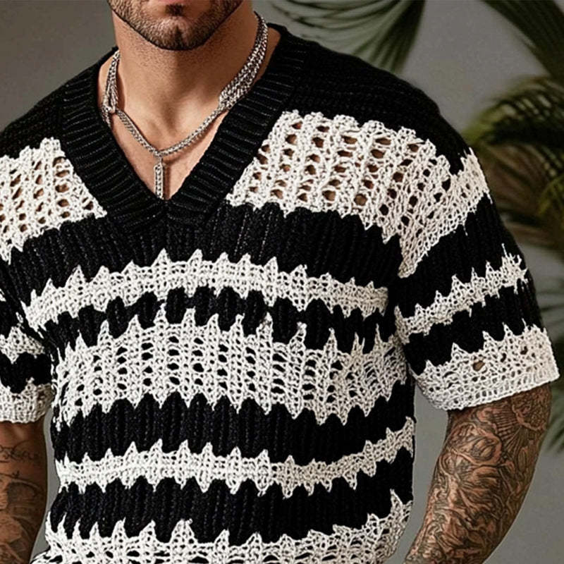 Herren-Strick-T-Shirt mit V-Ausschnitt und kurzen Ärmeln in Kontrastfarbe