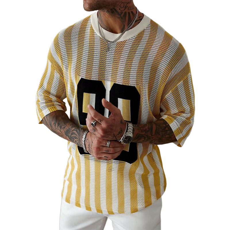 Men's Striped Monogram Jacquard Short-Sleeved Knitted T-Shirt