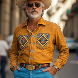 Herren Vintage Besticktes Wildleder Freizeit Langarmhemd