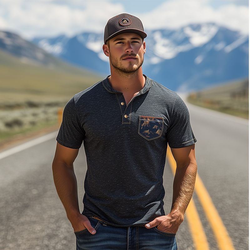 Klassisches Vintage-T-Shirt aus Baumwolle der Yellowstone Park-Serie mit Henley-Kragen für Herren