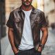 Herren Sommer Vintage Braunes Leder Kurzarmhemd