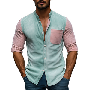 Men's Spring Fashion Casual Contrast Color Stitching Stand Collar Suede Long Sleeve Shirt