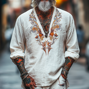 Herren Vintage Casual V-Ausschnitt Baumwollmischung Besticktes Langarm-T-Shirt