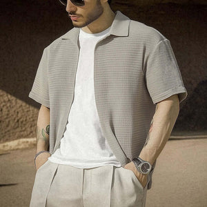 Men's Casual Gray Textured Short-sleeved Shirt