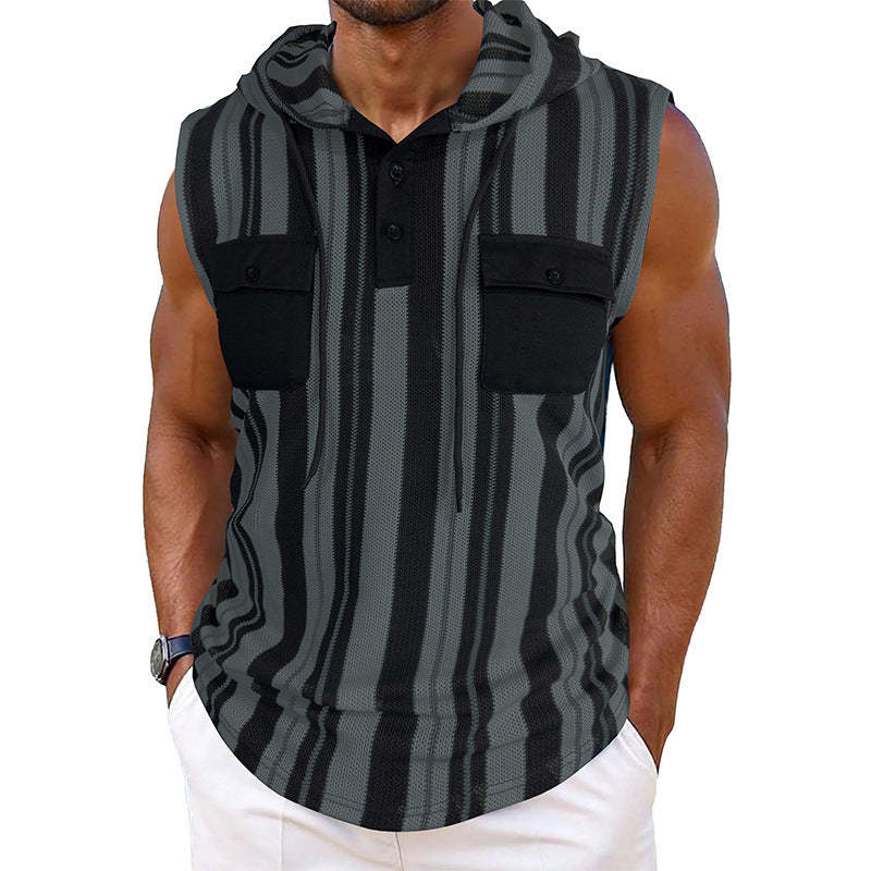 Lässiges, gestreiftes, ärmelloses Tanktop mit Kapuze für Herren
