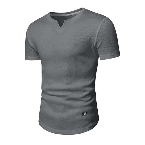 Einfarbiges, gestricktes Kurzarm-T-Shirt mit V-Ausschnitt für Herren