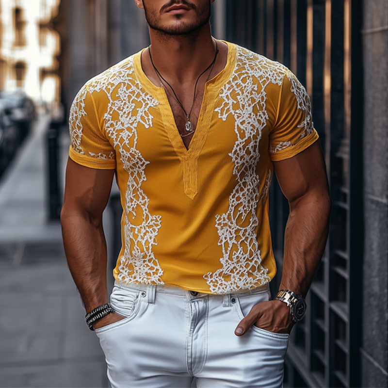 Men's Spring Fashion Deep V Neck Exquisite Embroidery Cotton Short Sleeve T-shirt
