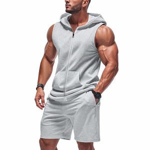 Einfarbiges, ärmelloses Sport-Hoodie-Shorts-Zweiteiler-Set für Herren