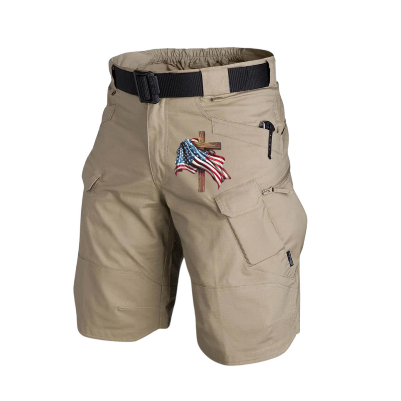 USA FLAG TACTICAL MULTI POCKETS 11'' INSEAM PERFORMANCE CARGO SHORTS NO BUCKLE BELT