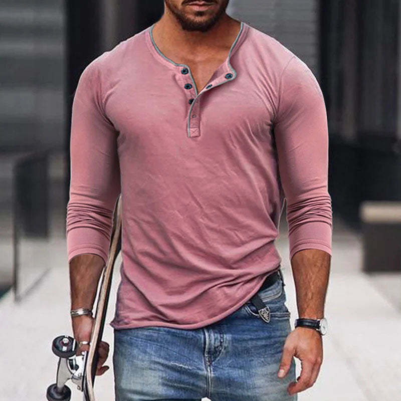 Men's Casual Cotton Blend Henley Neck Slim Fit Long Sleeve T-Shirt